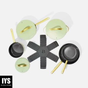 Beautiful 12pc Ceramic Non-Stick Cookware Set, Sage Green by Drew Barrymore