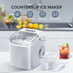 KISSAIR Countertop Ice Maker Portable Ice Machine with Handle, Self-Cleaning Ice Makers, 26Lbs/24H, 9 Ice Cubes Ready in 6 Mins for Home Kitchen Bar Party White