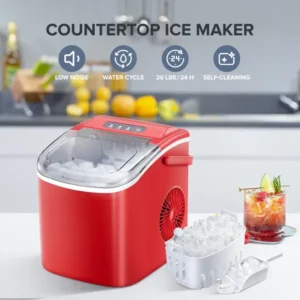 KISSAIR Countertop Ice Maker Portable Ice Machine with Handle, Self-Cleaning Ice Makers, 26Lbs/24H, 9 Ice Cubes Ready in 6 Mins for Home Kitchen Bar Party Red