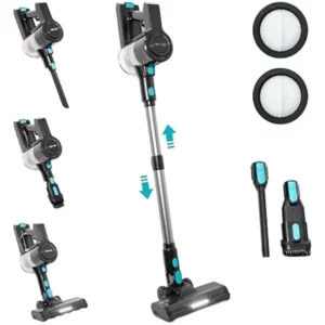 EyeVac Reach 6-in-1 Cordless Stick Vacuum | Lightweight Powerful Suction for Hard Floors & Rugs | 35 min Runtime, Rechargeable, LED Lights, Brushless Motor, Great for Pet Hair -Black w/Turquoise