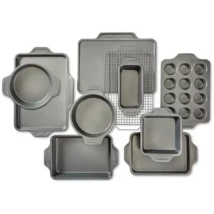 All-Clad Pro-Release Nonstick Bakeware Set 10 Piece Oven Safe 450F Half Sheet, Cookie Sheet, Muffin Pan, Cooling & Baking Rack, Round Cake Pan, Loaf Pan, Baking Pan Grey-Size: 10-Piece