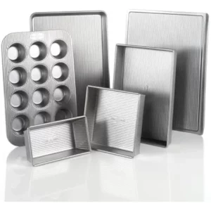 USA Pan Bakeware Aluminized Steel 6 Pieces Set, Cookie Sheet, Half Sheet, Loaf Pan, Rectangular Pan, Square Cake Pan, 12 Cup Muffin Pan-Size: 6-Piece Set-Style: Bakeware Set