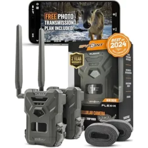 SPYPOINT Flex-M Twin Pack Cellular Trail Cameras - Best Value in Hunting Accessories, No WiFi Needed, GPS, Night Vision, Dual-Sim LTE, IP65 Water-Resistant, 28MP Photos, 720p Videos + Sound (2) -Pack of 2