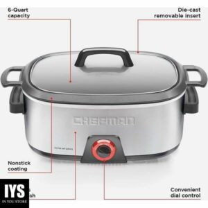 Chefman 6-Quart Slow Cooker, Electric Countertop Cooking, Stovetop & Oven-Safe Removable Insert for Browning & Sautéing, Family-Size Soups & Stews, Nonstick & Dishwasher-Safe Interior,Stainless Steel
