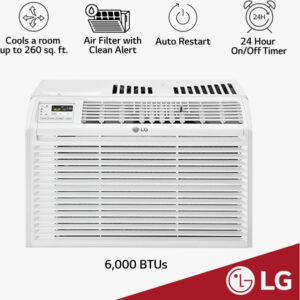 LG 6,000 Window Conditioner, 250 Sq.Ft. (10' x 25' Room Size), Quiet Operation, Electronic Control with Remote, 2 Cooling & Fan Speeds, 2-Way Air Deflection, Auto Restart, 115V, 6000 BTU, White