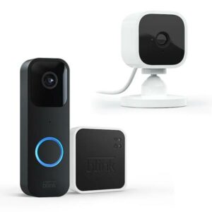 Blink Blink Mini Camera, White + Video Doorbell + Sync Module 2, Black Bundle