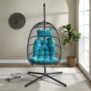 Walker Edison - Swinging Wicker Patio Egg Chair with Cushion - Grey/Teal
