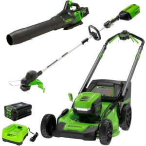Greenworks - 80V 21” Lawn Mower, 13” String Trimmer, and 730 Leaf Blower Combo with 4 Ah Battery & Charger) 3-piece combo - Green