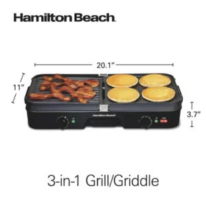 Hamilton Beach 3-in-1 Electric Indoor Grill/Griddle, 180 Sq. in. Nonstick Cooking Surface, Adjustable Temperature Up to 425°F, Black, 38546