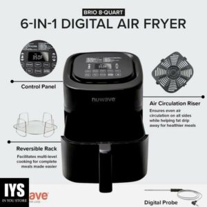 Nuwave Brio 8-Qt Air Fryer, Powerful 1800W, Easy-to-Read Cool White Display, 50°-400°F Temp Controls, 100 Pre-Programmed Presets & 50 Memory Slots, Integrated Smart Thermometer, Linear T Technology
