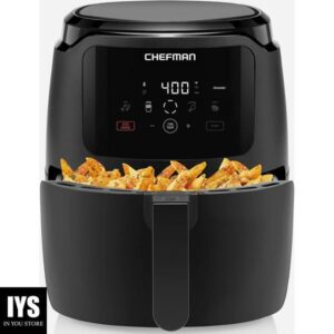 Chefman Digital Air Fryer, Large 5 Qt Family Size, One Touch Digital Control Presets, French Fries, Chicken, Meat, Fish, Nonstick Dishwasher-Safe Parts, Automatic Shutoff, Black