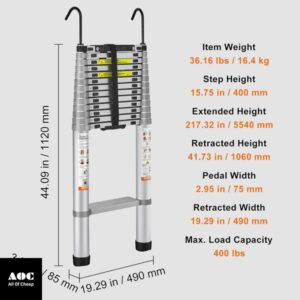 VEVOR Telescoping Ladder, 18.5 FT Aluminum One-button Retraction Collapsible Extension Ladder, 400 LBS Capacity