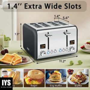 SEEDEEM 4 Slice Toaster, Stainless Steel Bread Toaster with Colorful LCD Display, 7 Bread Shade Settings, 1.5'' Wide Slots Toaster with Bagel/Defrost/Reheat Functions, Removable Crumb Tray, Dark Chocolate, 1800W