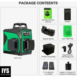 WOKELINE 3D Laser Level Self Leveling Green Beam 3x360° 12 Lines Leveling and Alignment Laser Tool for Construction and Picture Hanging,130 Ft Indoor Range High-Accuracy 1/16 in