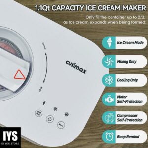 Ice Cream Maker, CUSIMAX Automatic Ice Cream Maker with Compressor No Pre-freezing Gelato Maker 1.1 Quart 3 Modes Easy Homemade Ice Cream and Sorbet, Frozen Yogurt, Includes Recipes