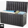 Ram Quality Products Heavy Duty 90 Gallon Plastic Lockable Outdoor Storage Deck Box with Roller Wheels for Gardening Tools, Gray