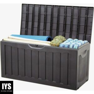Ram Quality Products Heavy Duty 90 Gallon Plastic Lockable Outdoor Storage Deck Box with Roller Wheels for Gardening Tools, Gray