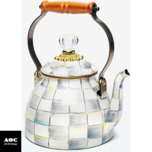 MacKenzie-Childs Sterling Check Enamel Tea Kettle, Decorative Tea Kettle, 2-Quart Capacity