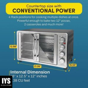 Elite Gourmet ETO4510B French Door 47.5Qt, 18-Slice Convection Oven 4-Control Knobs, Bake Broil Toast Rotisserie Keep Warm, Includes 2 x 14" Pizza Racks, Stainless Steel