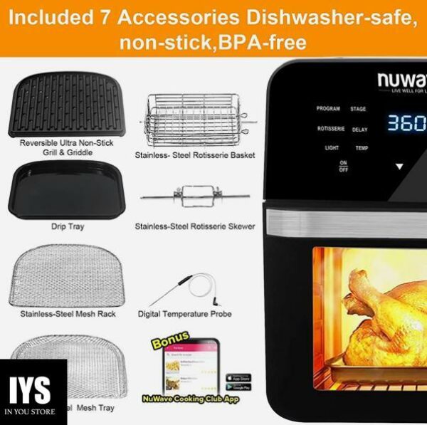 Nuwave Brio 15.5Qt Air Fryer Rotisserie Oven, X-Large Family Size, Powerful 1800W, 4 Rack Positions, 50°-425°F Temp Controls, 100 Presets & 50 Memory, Integrated Smart Thermometer, Linear T Technology - Image 7