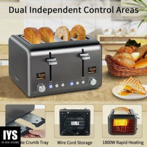 SEEDEEM Toaster 4 Slice, Stainless Steel Bread Toaster with Colorful LCD Display, 7 Bread Shade Settings, 1.4'' Wide Slots Toaster with Bagel/Defrost/Reheat Functions, Removable Crumb Tray, Dark Metallic, 1800W