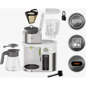 Braun MultiServe Coffee Machine 7 Programmable Brew Sizes / 3 Strengths + Iced Coffee & Hot Water for Tea, Glass Carafe (10-Cup), White, KF9150WH