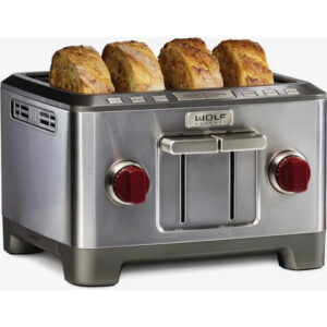 Wolf Gourmet 4-Slice Extra-Wide Slot Toaster with Shade Selector, Bagel and Defrost Settings, Red Knob, Stainless Steel (WGTR154S)