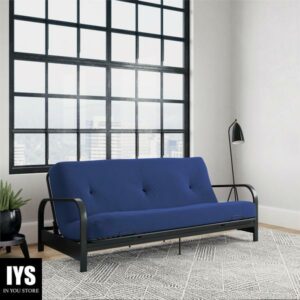 DHP Cleo Black Metal Arm Full Size Futon Frame with 6" Blue Mattress