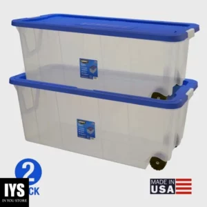 HART 200 Quart Latching Rolling Plastic Storage Bin Container, Clear, Set of 2