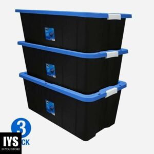 HART 40 Gallon Latching Plastic Storage Bin Container, Black with Blue Lid, Set of 3