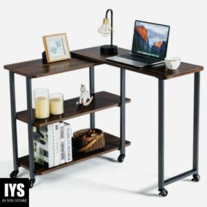 SUGIFT 360° Multi-Use Desk Rotating Sofa Side Table with Storage Shelves and Wheels-Walnut