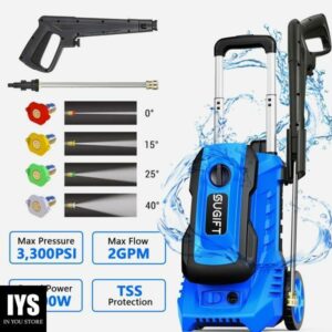 SUGIFT Electric Pressure Washer, 14.5-Amp, Pressure Select Technology, 3300 PSI Max, 2 GPM Max