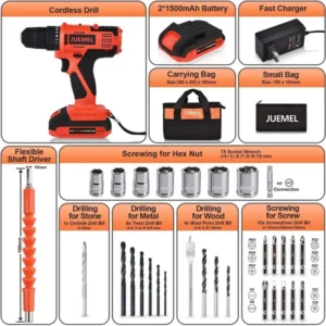 JUEMEL 20V Electric Cordless Drill Set: 2 Batteries, 3/8" Chuck, 2 Variable Speed, 30pcs Bits (Copy)