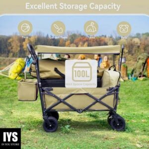 Collapsible Beach Wagon Cart with Removable Canopy, VECUKTY Foldable Wagon Utility Carts, Beige