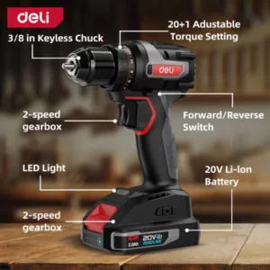 Deli 20V Cordless Compact 3/8-Inch Drill/Driver Kit,Power Drill Set with (2) 2.0 Ah Lithium-Ion Batteries and Charger,2 Variable Speed,Max Torque 50N.m