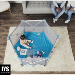 Regalo My Play Portable Play Yard, Indoor-Outdoor, 6 Panel, 6 months to 24 months, White and Teal, Easy Set-up, On-the-go, Unisex