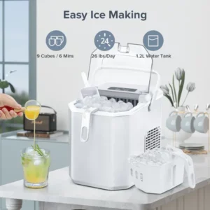 Auseo Countertop Ice Maker, Self-cleaning Portable Ice Maker Machine with Handle and Ice Scoop, Bullet Ice Cubes, 9Pcs/8Min 26Lbs/24H for Home/Office/Bar/Party(White)