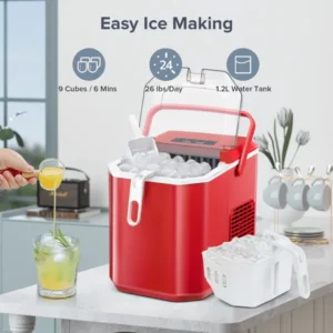 Auseo Countertop Ice Maker, Self-cleaning Portable Ice Maker Machine with Handle and Ice Scoop, Bullet Ice Cubes, 9Pcs/8Min 26Lbs/24H for Home/Office/Bar/Party(Red)